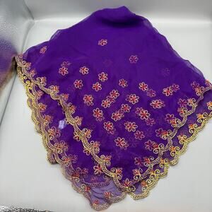 Purple Chiffon Dupatta 6ft long Gold Pink Embroidery Cutwork Edges Shawl 74x33”